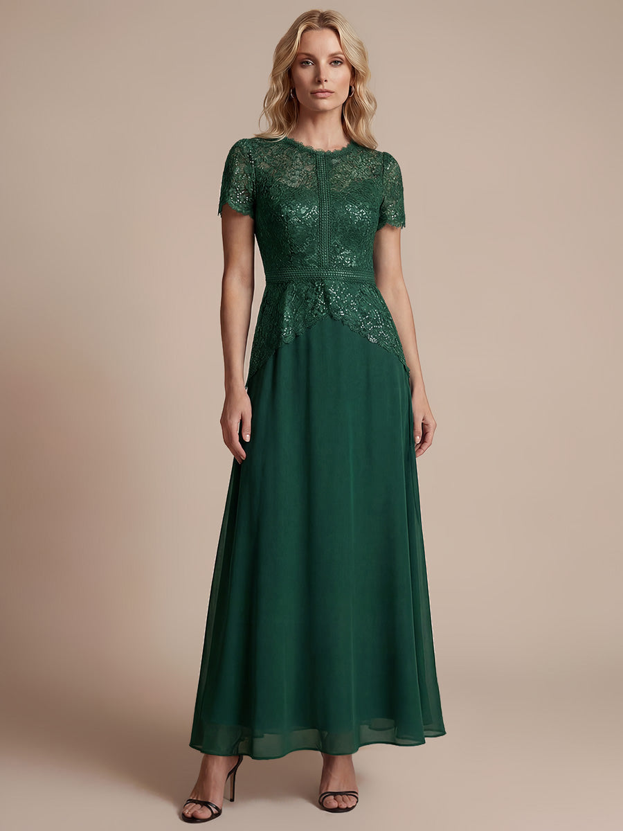 Kn?chellanges A-Linien Kleid Runder Ausschnitt Spitze Pailletten #Farbe_Dunkelgrün