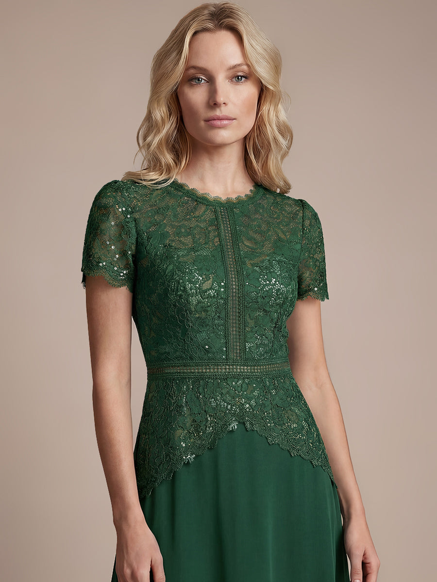 Kn?chellanges A-Linien Kleid Runder Ausschnitt Spitze Pailletten #Farbe_Dunkelgrün