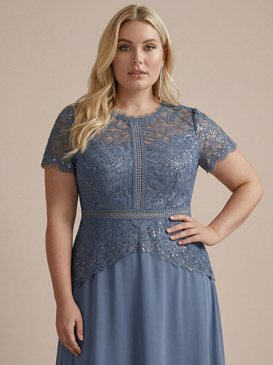 Kn?chellanges A-Linien Kleid Runder Ausschnitt Spitze Pailletten #Farbe_Taubenblau