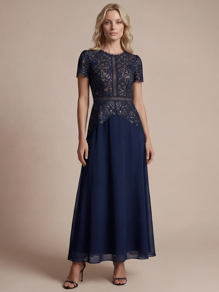 Kn?chellanges A-Linien Kleid Runder Ausschnitt Spitze Pailletten #Farbe_Marineblau