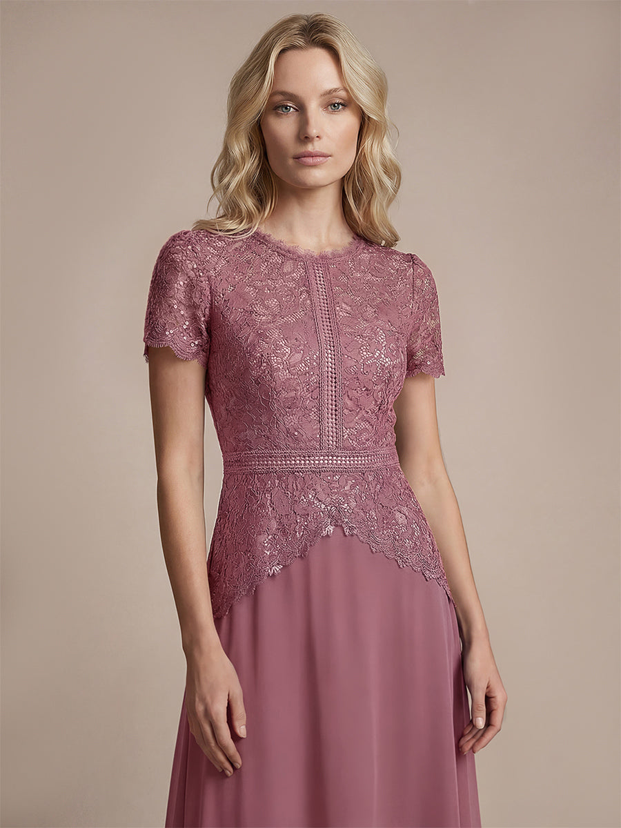 Kn?chellanges A-Linien Kleid Runder Ausschnitt Spitze Pailletten #Farbe_Orchideenviolett