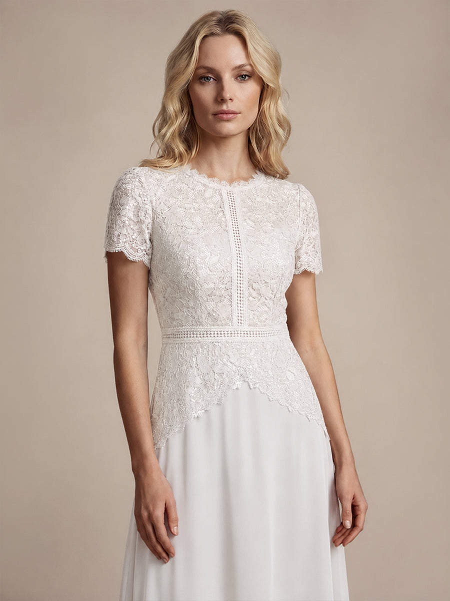 Kn?chellanges A-Linien Kleid Runder Ausschnitt Spitze Pailletten #Farbe_Weiß
