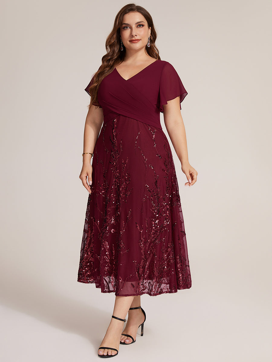 Tea Länge V Ausschnitt A Linien Kleid Aus Chiffon Mit 3D Drapierung Und Pailletten #Farbe_Burgunderrot