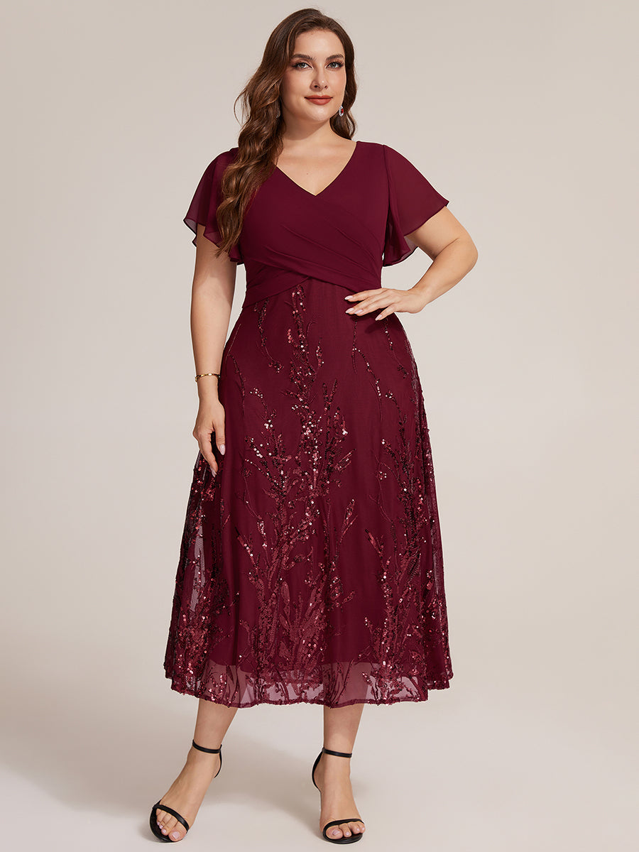 Tea Länge V Ausschnitt A Linien Kleid Aus Chiffon Mit 3D Drapierung Und Pailletten #Farbe_Burgunderrot