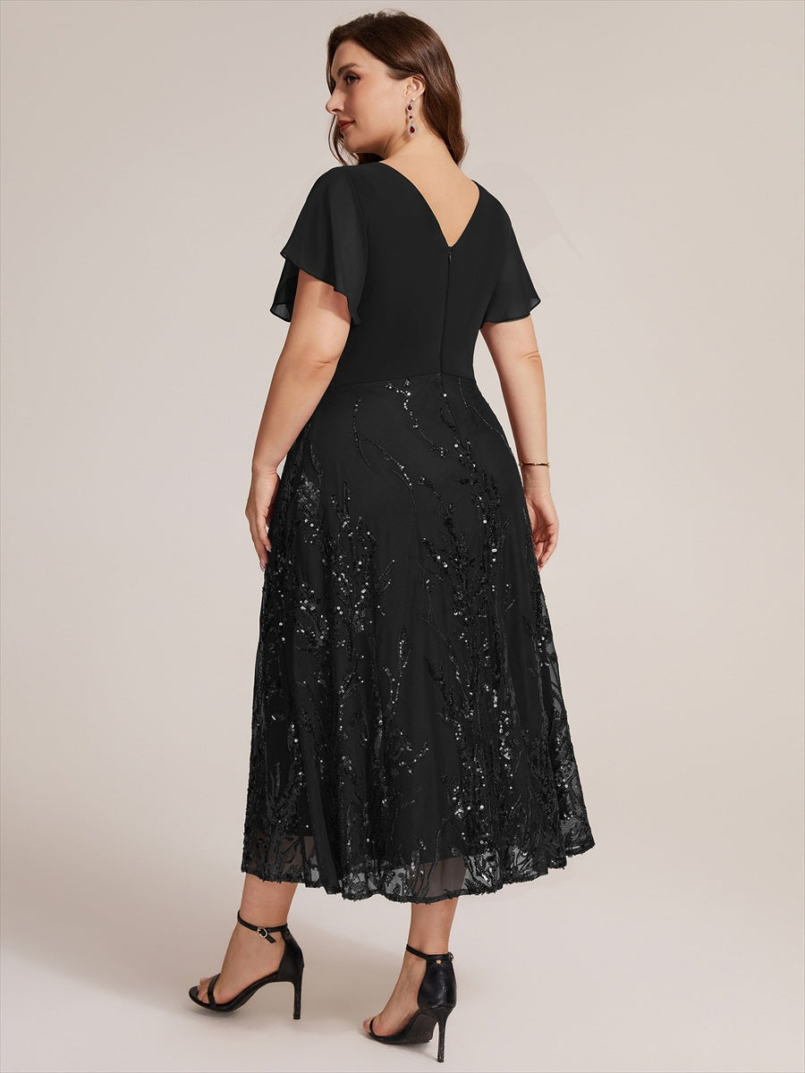 Tea Länge V Ausschnitt A Linien Kleid Aus Chiffon Mit 3D Drapierung Und Pailletten #Farbe_Schwarz