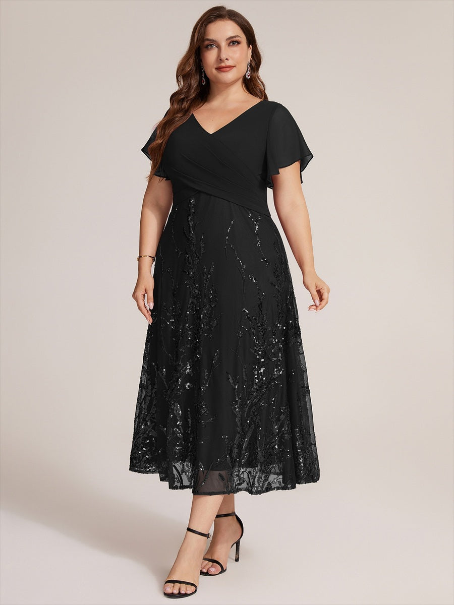 Tea Länge V Ausschnitt A Linien Kleid Aus Chiffon Mit 3D Drapierung Und Pailletten #Farbe_Schwarz