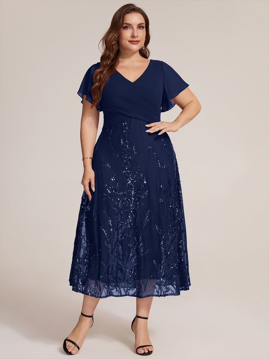 Tea Länge V Ausschnitt A Linien Kleid Aus Chiffon Mit 3D Drapierung Und Pailletten #Farbe_Marineblau