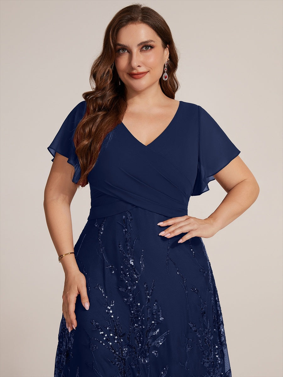 Tea Länge V Ausschnitt A Linien Kleid Aus Chiffon Mit 3D Drapierung Und Pailletten #Farbe_Marineblau