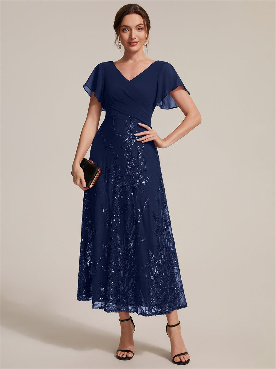 Tea Länge V Ausschnitt A Linien Kleid Aus Chiffon Mit 3D Drapierung Und Pailletten #Farbe_Marineblau