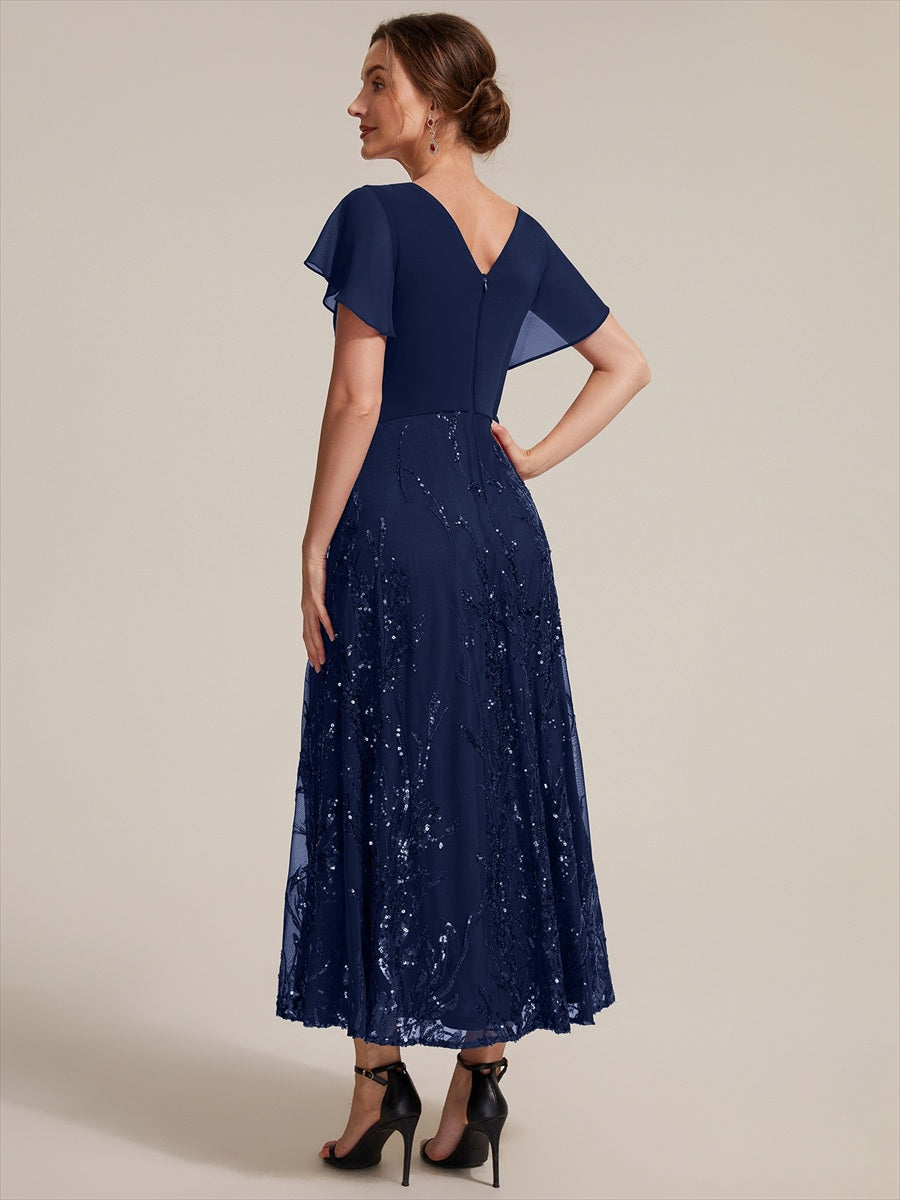 Tea Länge V Ausschnitt A Linien Kleid Aus Chiffon Mit 3D Drapierung Und Pailletten #Farbe_Marineblau