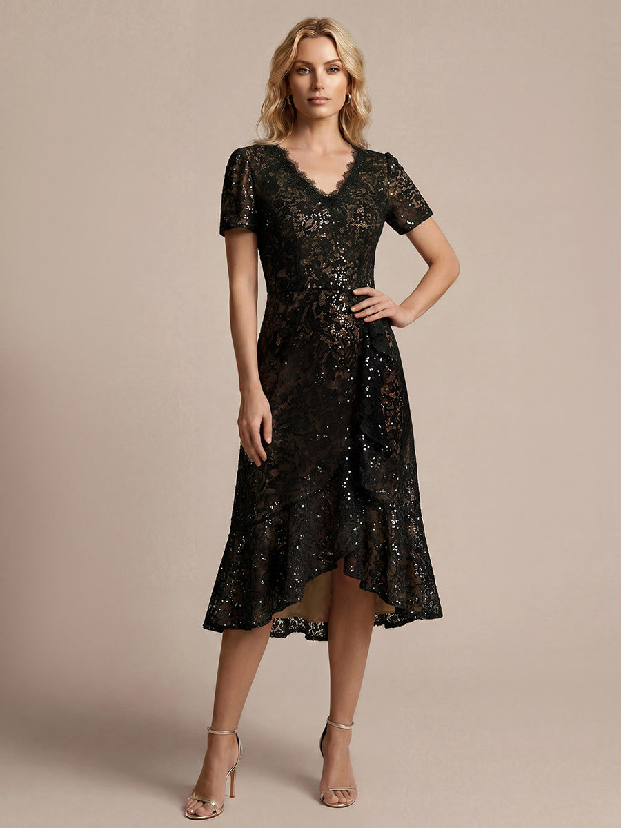 Midi Tea L?nge Meerjungfrau Kleid ¨¹berkreuzter Ausschnitt Spitze Volants Pailletten #Farbe_Schwarz
