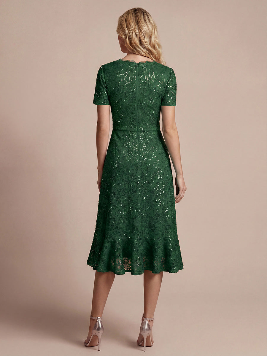 Midi Tea L?nge Meerjungfrau Kleid ¨¹berkreuzter Ausschnitt Spitze Volants Pailletten #Farbe_Dunkelgrün