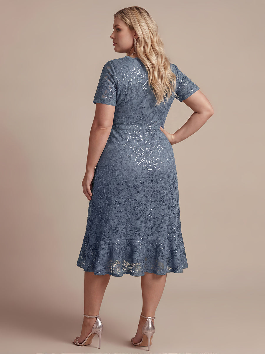 Midi Tea L?nge Meerjungfrau Kleid ¨¹berkreuzter Ausschnitt Spitze Volants Pailletten #Farbe_Taubenblau