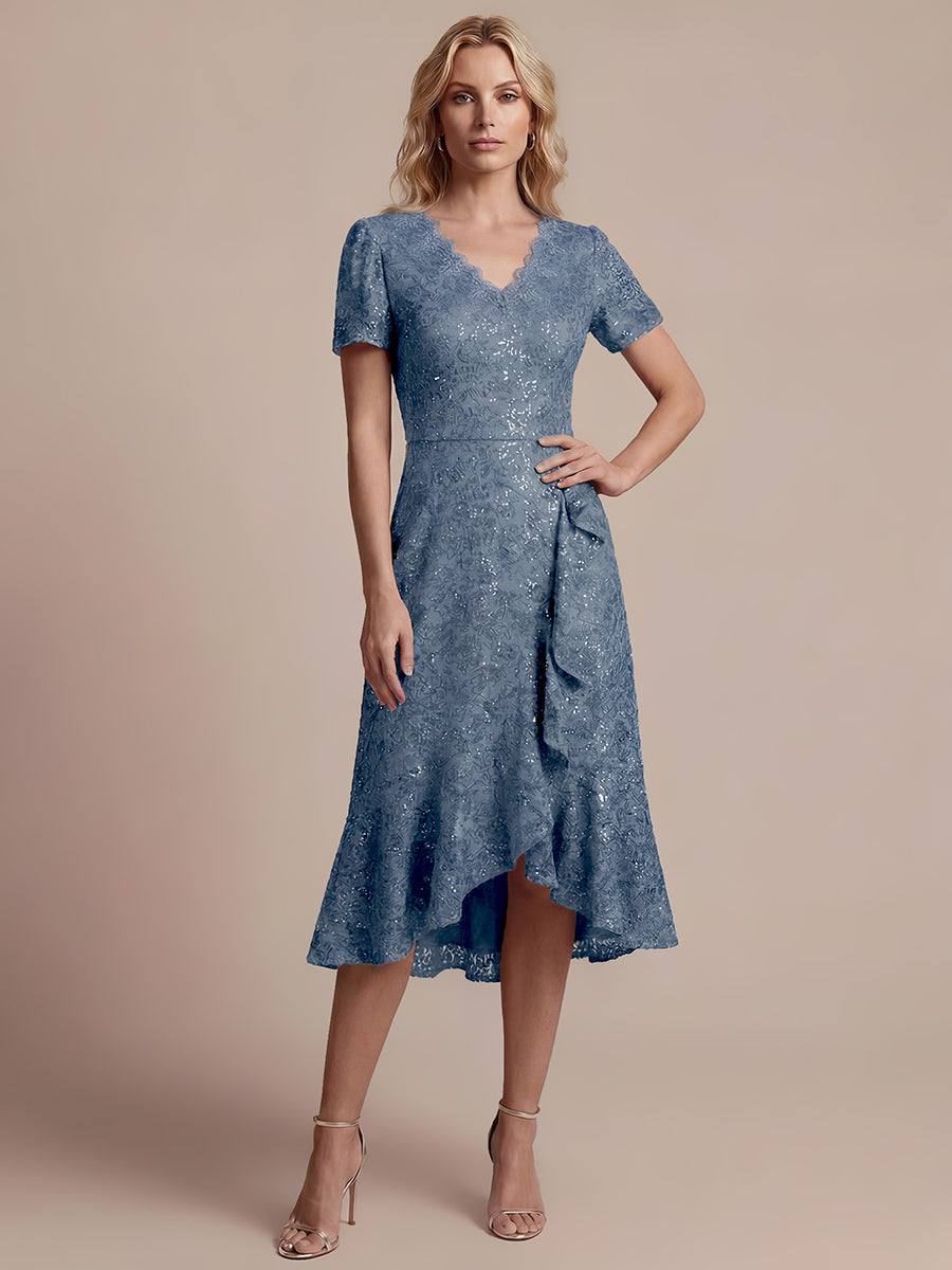Midi Tea L?nge Meerjungfrau Kleid ¨¹berkreuzter Ausschnitt Spitze Volants Pailletten #Farbe_Taubenblau