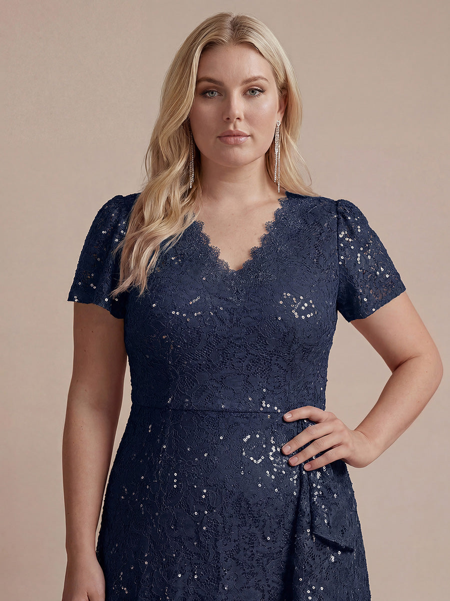 Midi Tea L?nge Meerjungfrau Kleid ¨¹berkreuzter Ausschnitt Spitze Volants Pailletten #Farbe_Marineblau