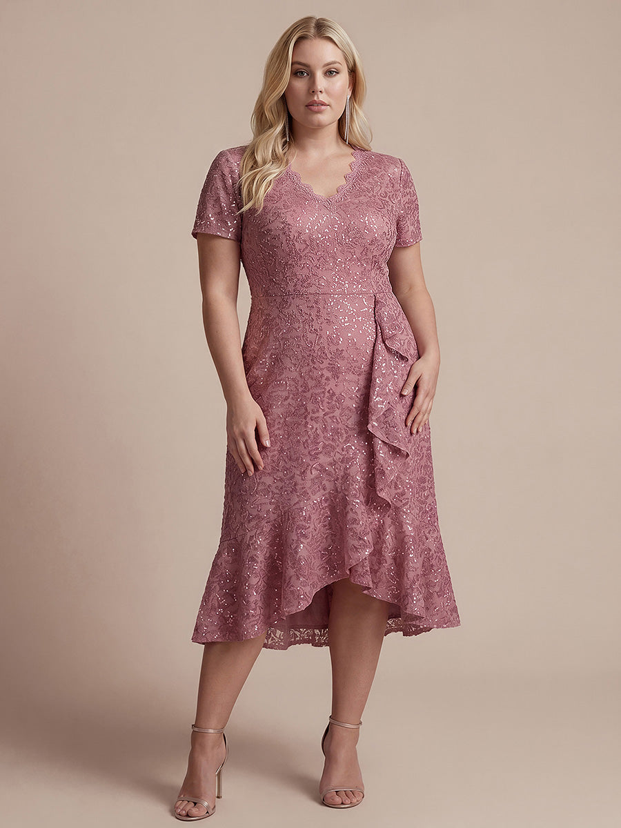 Midi Tea L?nge Meerjungfrau Kleid ¨¹berkreuzter Ausschnitt Spitze Volants Pailletten #Farbe_Orchideenviolett