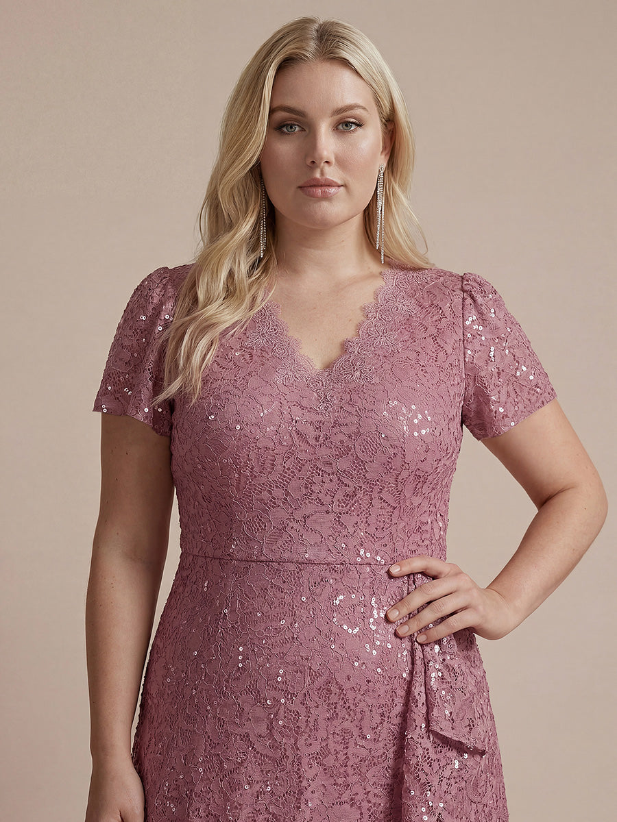 Midi Tea L?nge Meerjungfrau Kleid ¨¹berkreuzter Ausschnitt Spitze Volants Pailletten #Farbe_Orchideenviolett