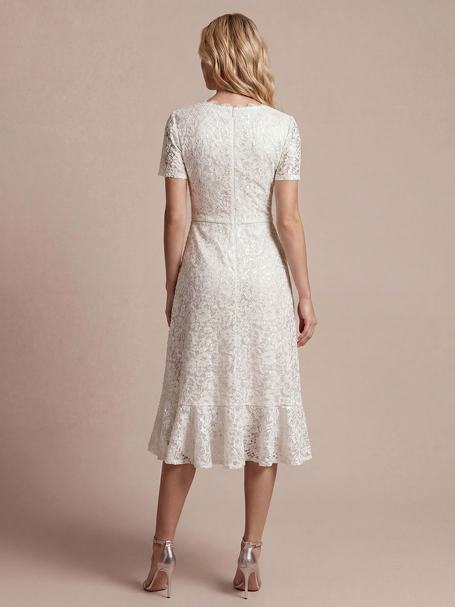 Midi Tea L?nge Meerjungfrau Kleid ¨¹berkreuzter Ausschnitt Spitze Volants Pailletten #Farbe_Weiß