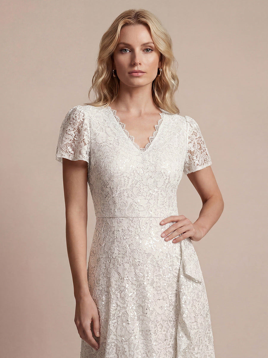 Midi Tea L?nge Meerjungfrau Kleid ¨¹berkreuzter Ausschnitt Spitze Volants Pailletten #Farbe_Weiß