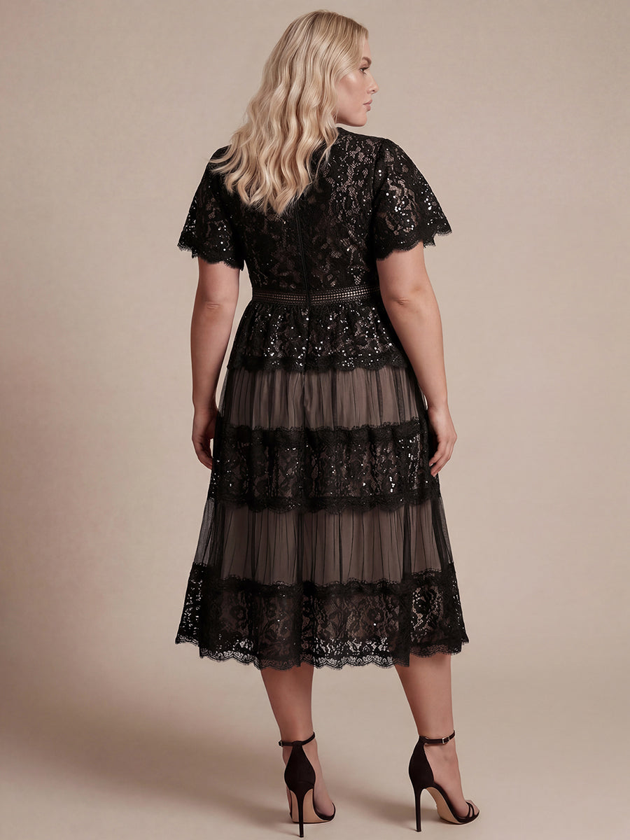 Tea L?nge V-Ausschnitt A-Linie Kleid Aus Spitze Mit R¨¹schen Und Pailletten #Farbe_Schwarz