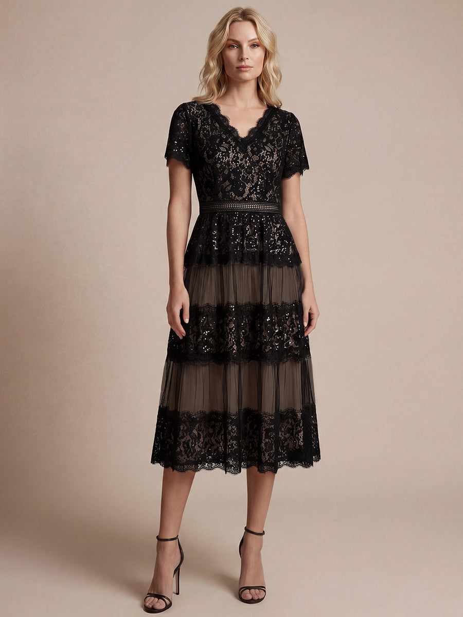 Tea L?nge V-Ausschnitt A-Linie Kleid Aus Spitze Mit R¨¹schen Und Pailletten #Farbe_Schwarz