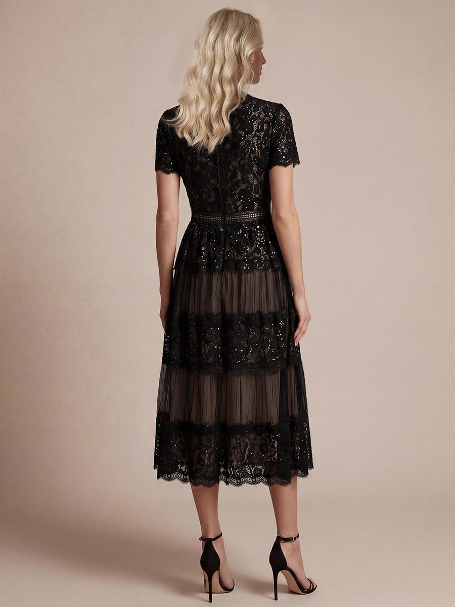 Tea L?nge V-Ausschnitt A-Linie Kleid Aus Spitze Mit R¨¹schen Und Pailletten #Farbe_Schwarz