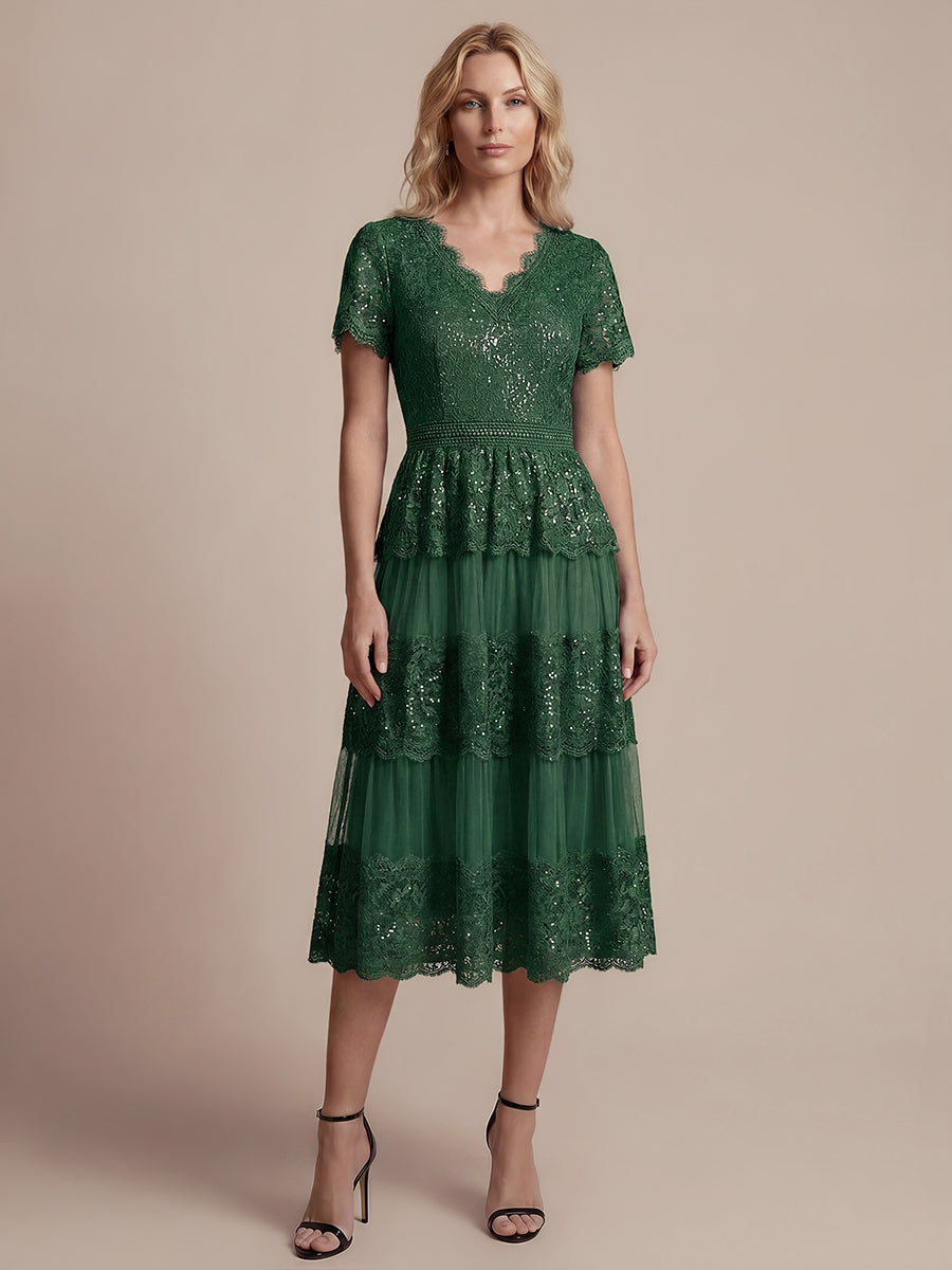 Tea L?nge V-Ausschnitt A-Linie Kleid Aus Spitze Mit R¨¹schen Und Pailletten #Farbe_Dunkelgrün