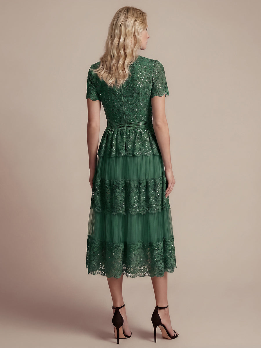 Tea L?nge V-Ausschnitt A-Linie Kleid Aus Spitze Mit R¨¹schen Und Pailletten #Farbe_Dunkelgrün