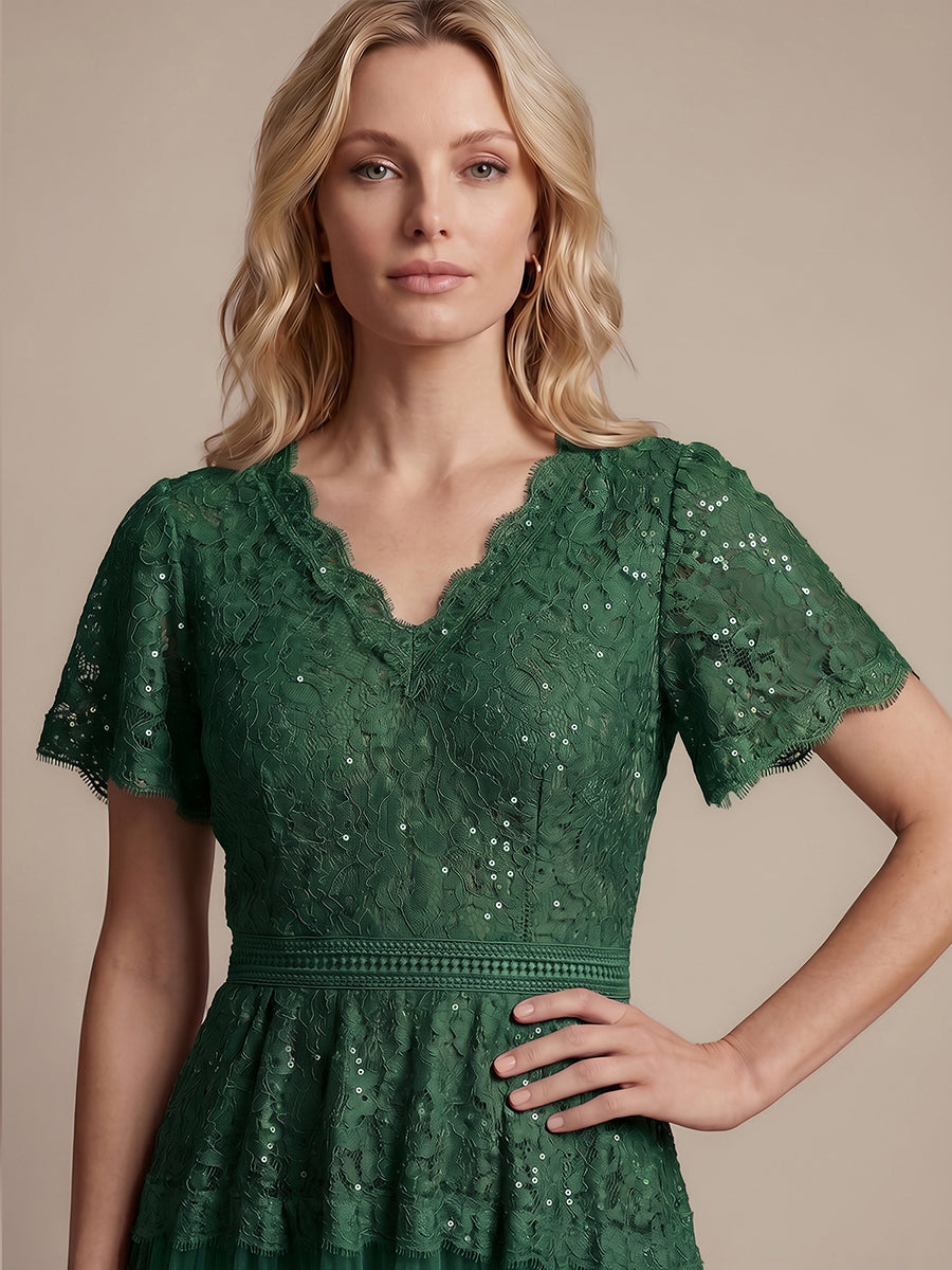Tea L?nge V-Ausschnitt A-Linie Kleid Aus Spitze Mit R¨¹schen Und Pailletten #Farbe_Dunkelgrün
