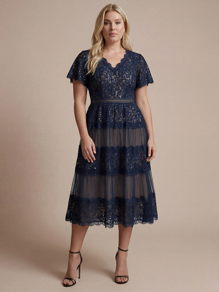 Tea L?nge V-Ausschnitt A-Linie Kleid Aus Spitze Mit R¨¹schen Und Pailletten #Farbe_Marineblau