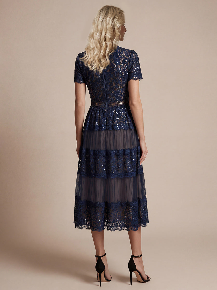 Tea L?nge V-Ausschnitt A-Linie Kleid Aus Spitze Mit R¨¹schen Und Pailletten #Farbe_Marineblau