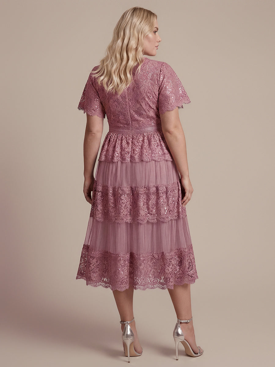 Tea L?nge V-Ausschnitt A-Linie Kleid Aus Spitze Mit R¨¹schen Und Pailletten #Farbe_Orchideenviolett