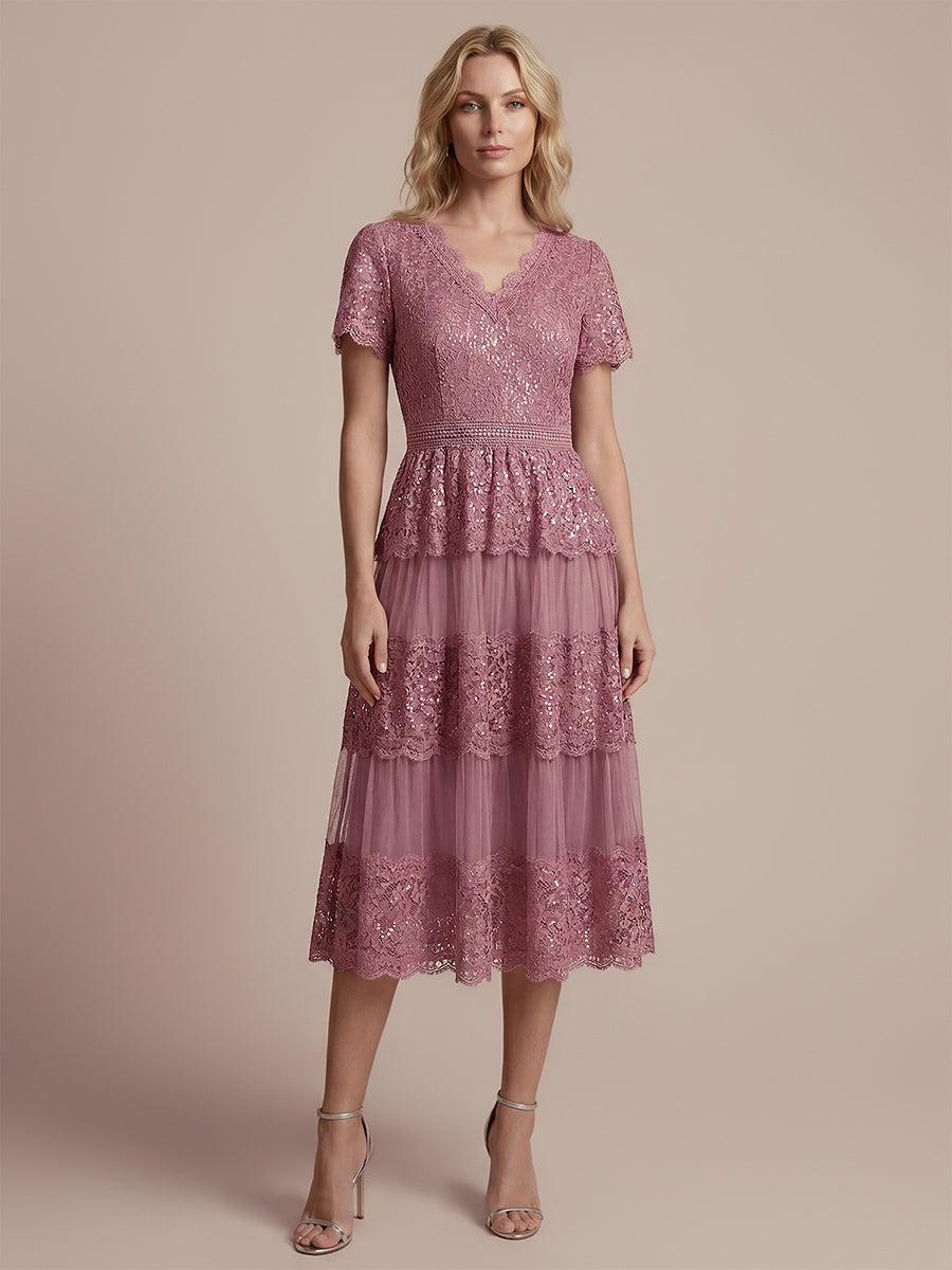 Tea L?nge V-Ausschnitt A-Linie Kleid Aus Spitze Mit R¨¹schen Und Pailletten #Farbe_Orchideenviolett