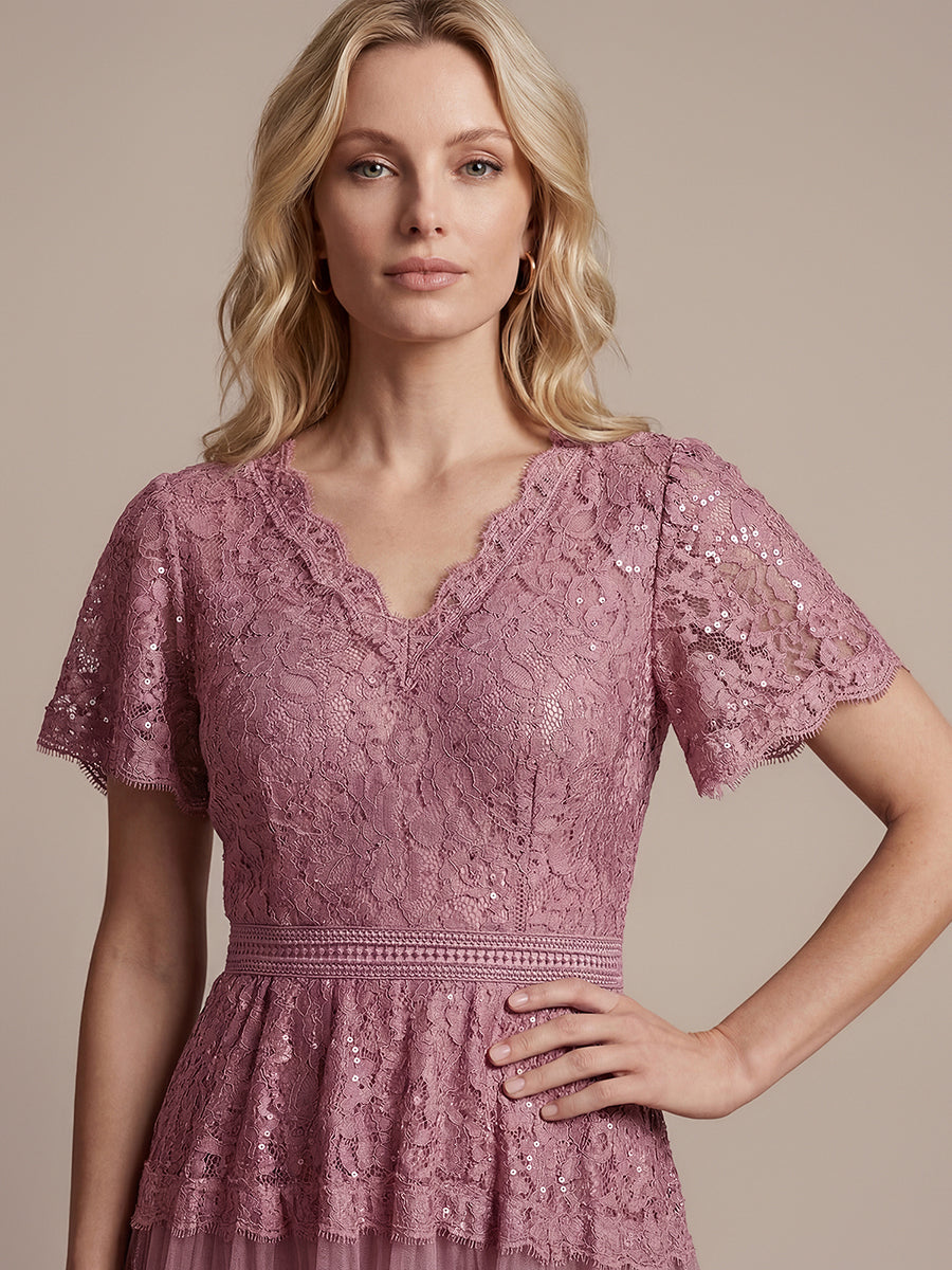 Tea L?nge V-Ausschnitt A-Linie Kleid Aus Spitze Mit R¨¹schen Und Pailletten #Farbe_Orchideenviolett