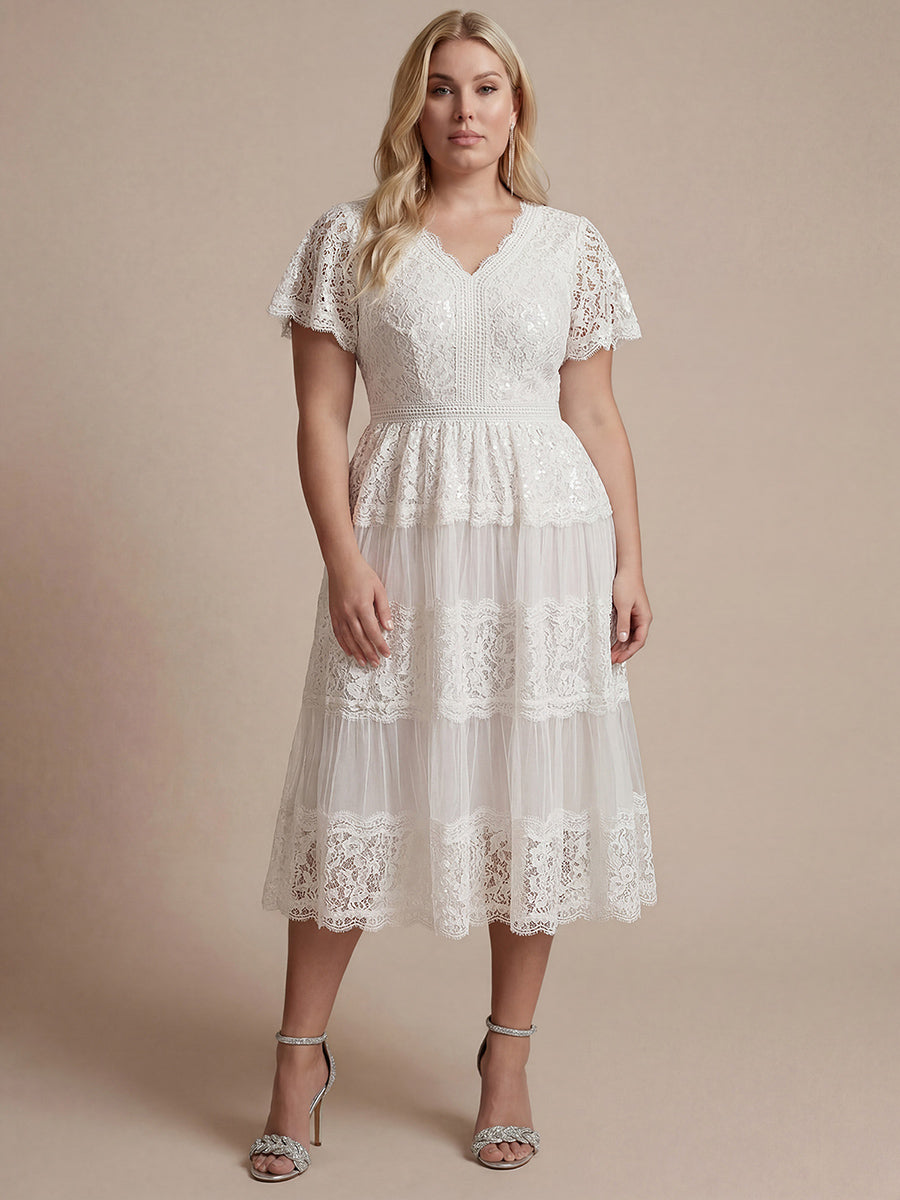 Tea L?nge V-Ausschnitt A-Linie Kleid Aus Spitze Mit R¨¹schen Und Pailletten #Farbe_Weiß