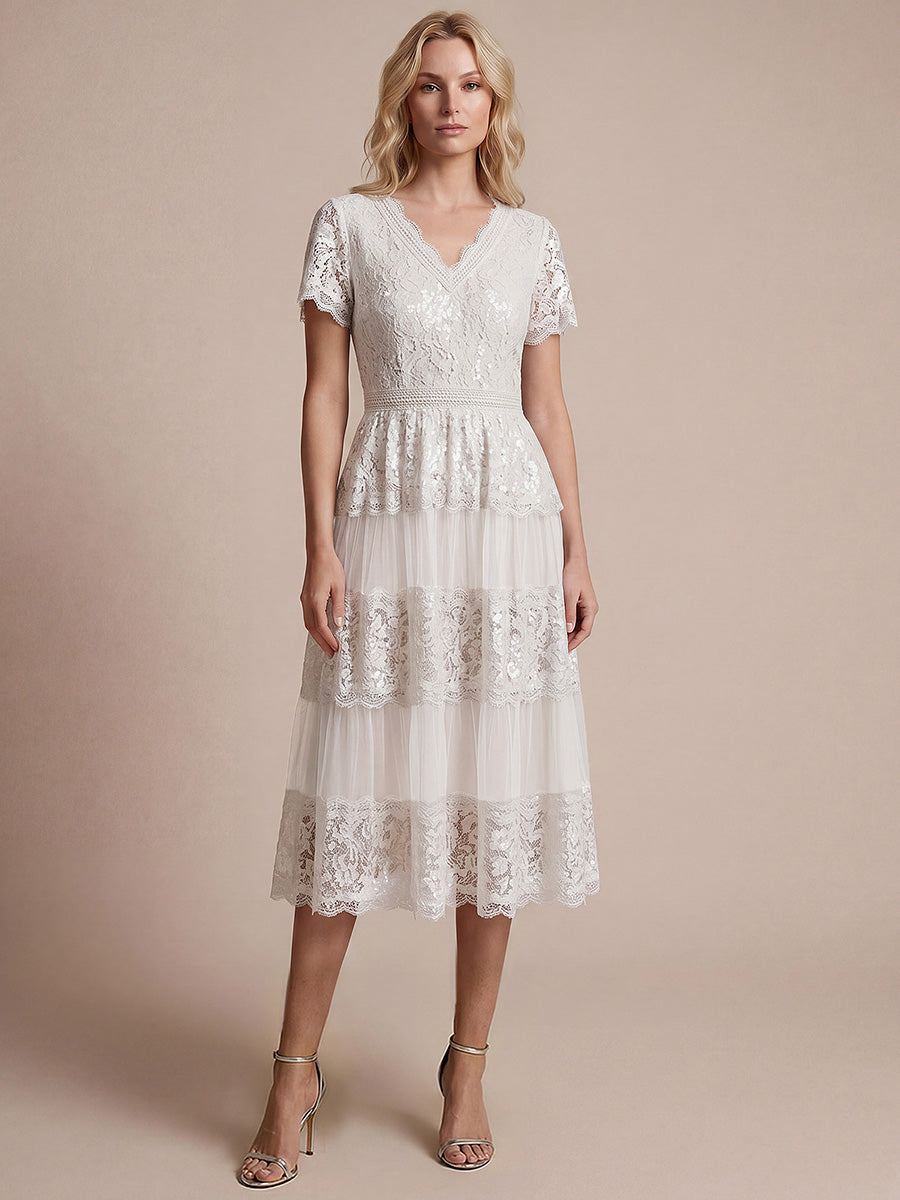 Tea L?nge V-Ausschnitt A-Linie Kleid Aus Spitze Mit R¨¹schen Und Pailletten #Farbe_Weiß