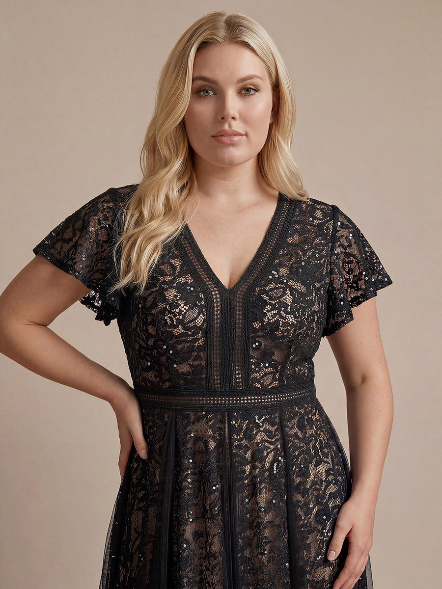 Midi Tee L?nge A Linie Kleid Mit V Ausschnitt Spitze R¨¹schen Und Pailletten #Farbe_Schwarz