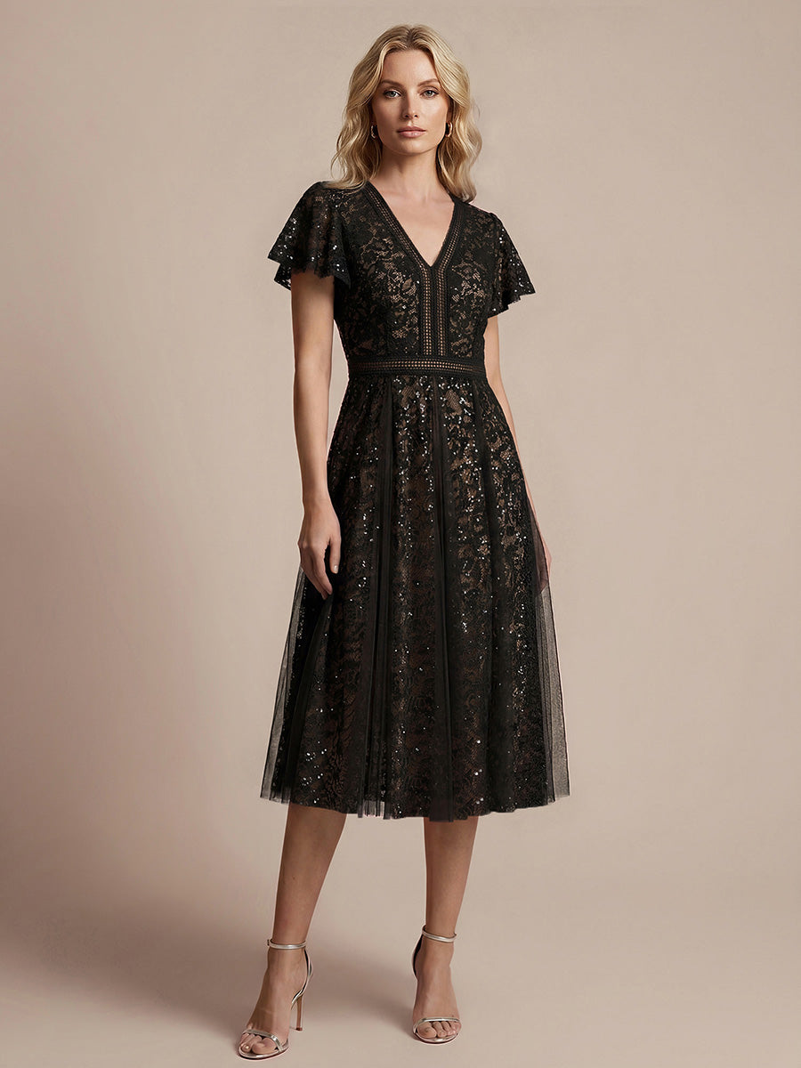 Midi Tee L?nge A Linie Kleid Mit V Ausschnitt Spitze R¨¹schen Und Pailletten #Farbe_Schwarz