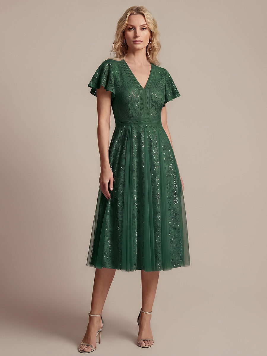 Midi Tee L?nge A Linie Kleid Mit V Ausschnitt Spitze R¨¹schen Und Pailletten #Farbe_Dunkelgrün