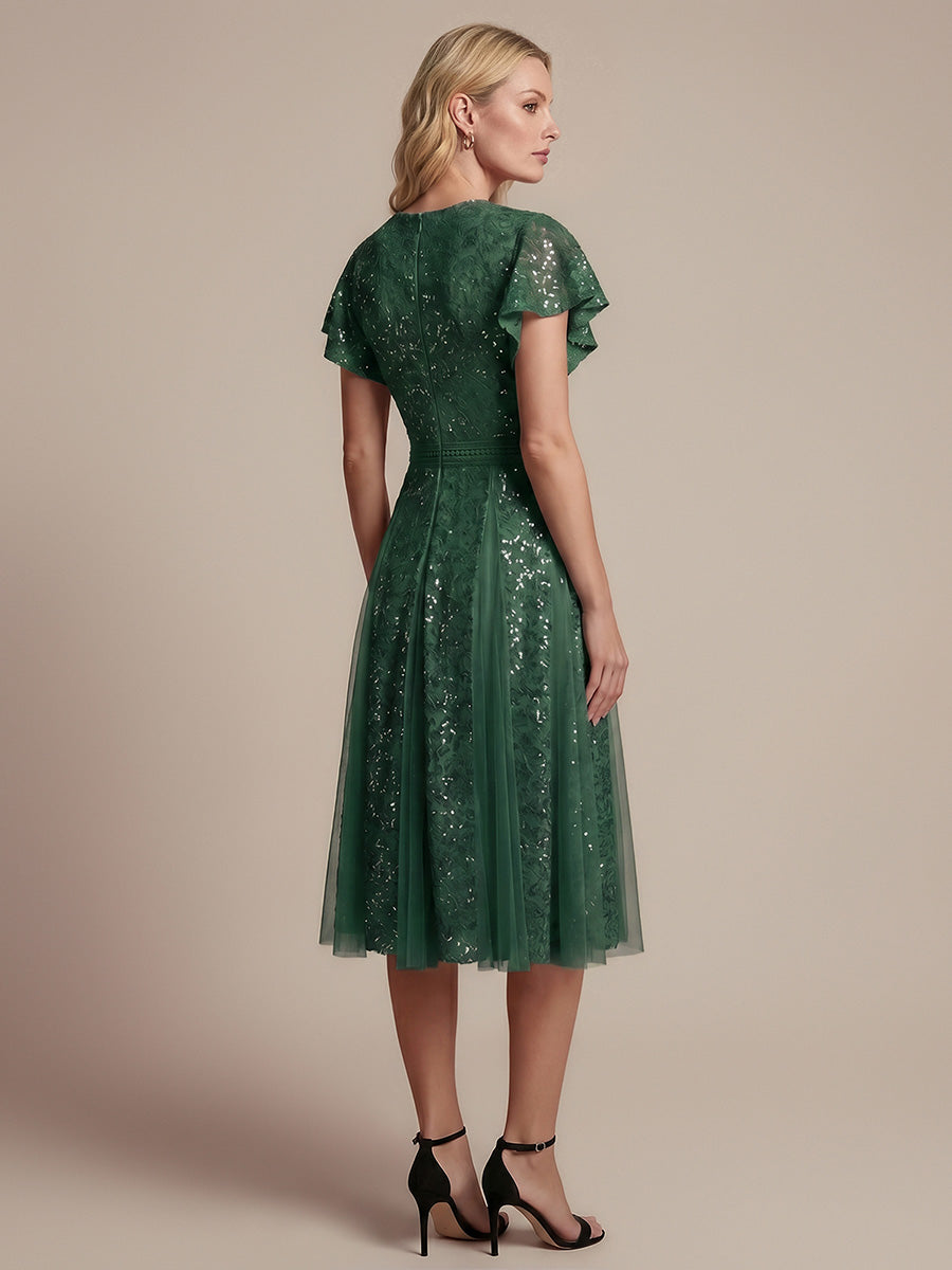 Midi Tee L?nge A Linie Kleid Mit V Ausschnitt Spitze R¨¹schen Und Pailletten #Farbe_Dunkelgrün