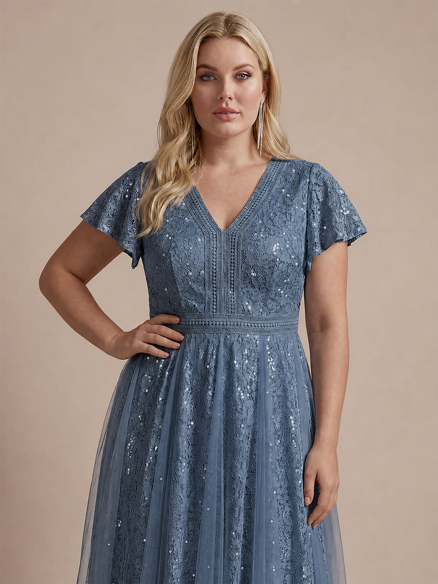 Midi Tee L?nge A Linie Kleid Mit V Ausschnitt Spitze R¨¹schen Und Pailletten #Farbe_Taubenblau