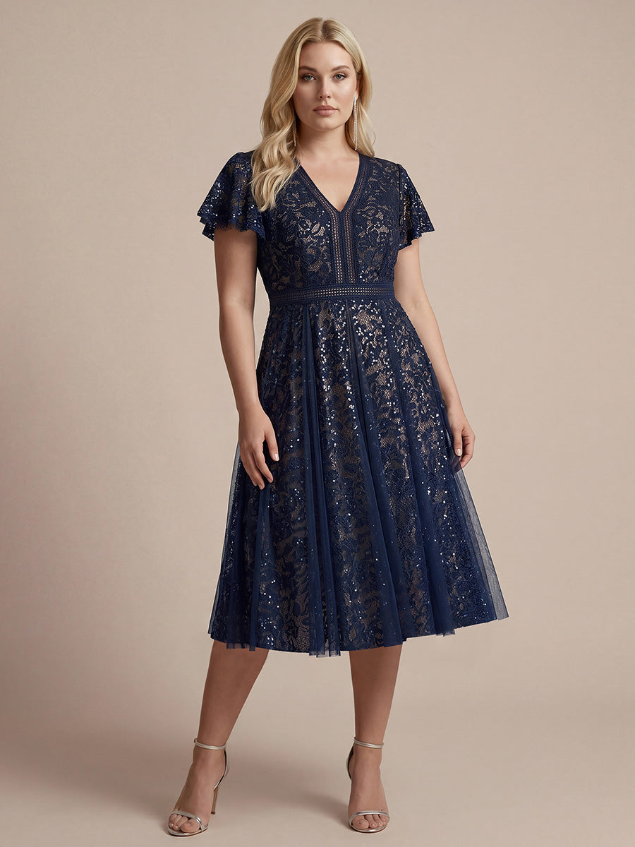 Midi Tee L?nge A Linie Kleid Mit V Ausschnitt Spitze R¨¹schen Und Pailletten #Farbe_Marineblau