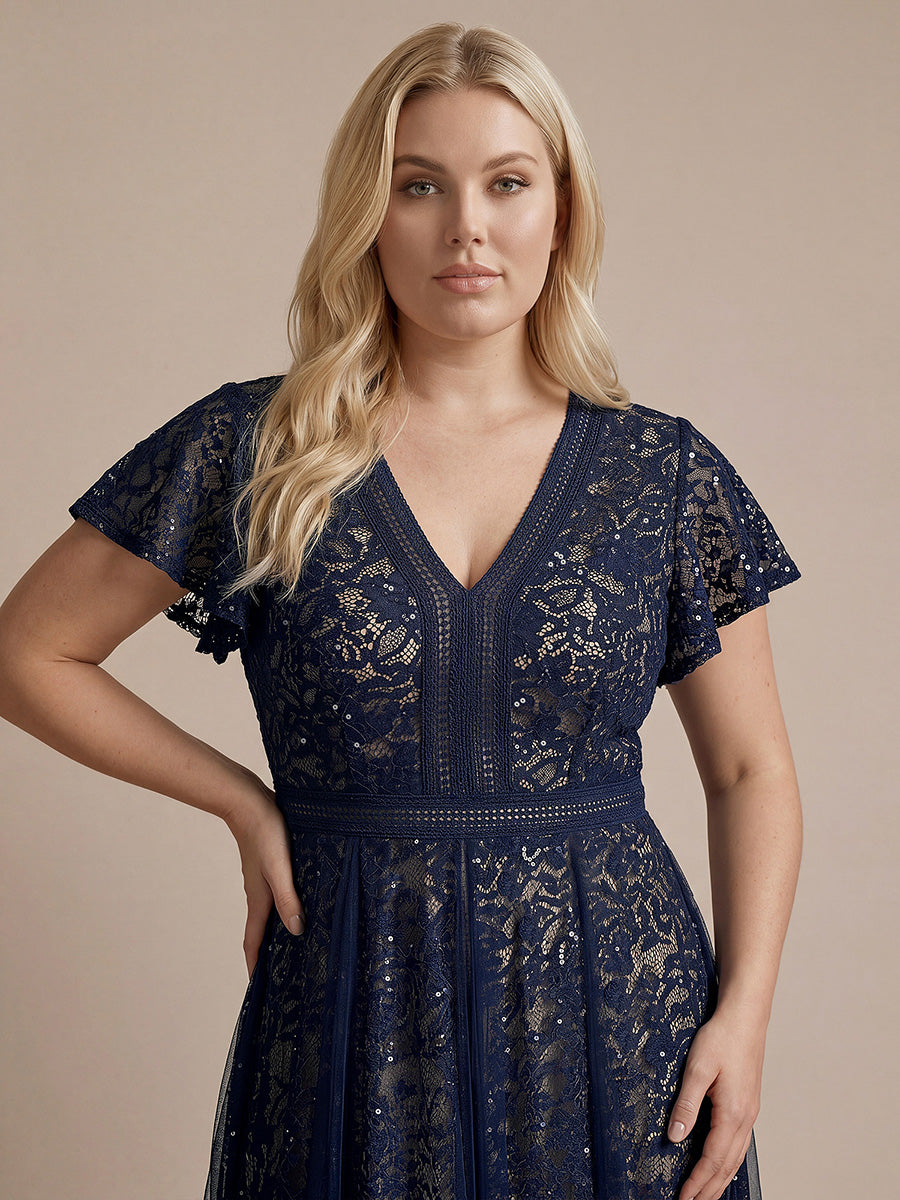 Midi Tee L?nge A Linie Kleid Mit V Ausschnitt Spitze R¨¹schen Und Pailletten #Farbe_Marineblau