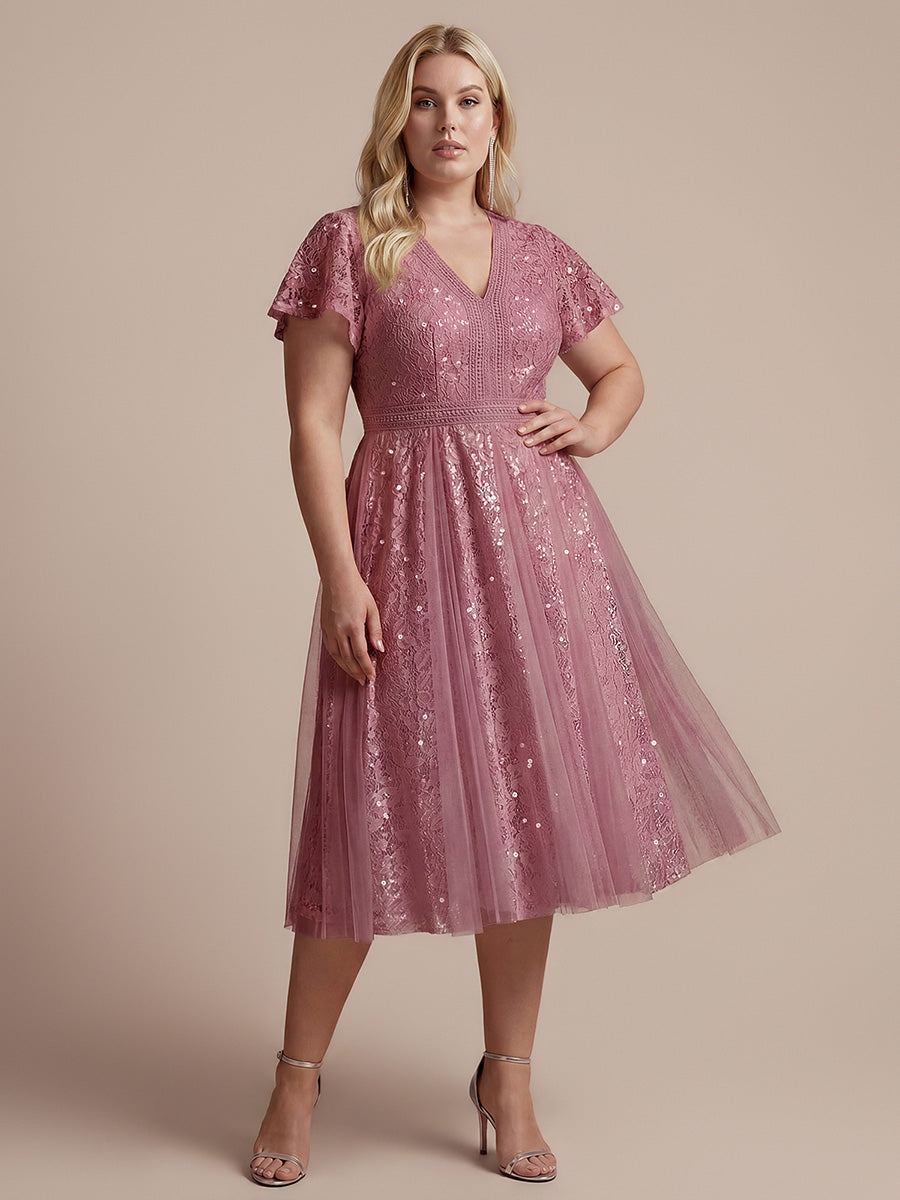 Midi Tee L?nge A Linie Kleid Mit V Ausschnitt Spitze R¨¹schen Und Pailletten #Farbe_Orchideenviolett