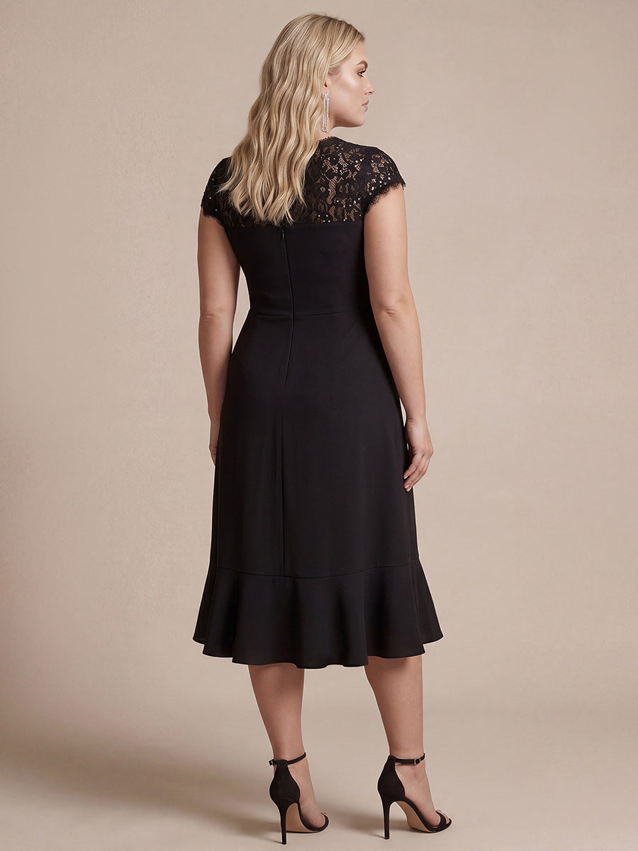 Midi Tea L?nge Meerjungfrau Kleid ¨¹berkreuzter Ausschnitt Spitze Pailletten Volants #Farbe_Schwarz