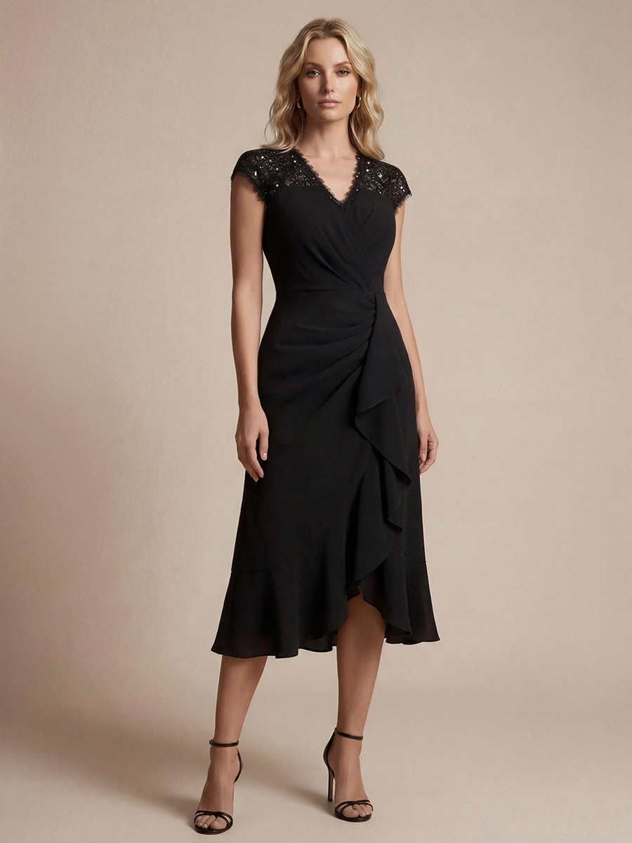 Midi Tea L?nge Meerjungfrau Kleid ¨¹berkreuzter Ausschnitt Spitze Pailletten Volants #Farbe_Schwarz