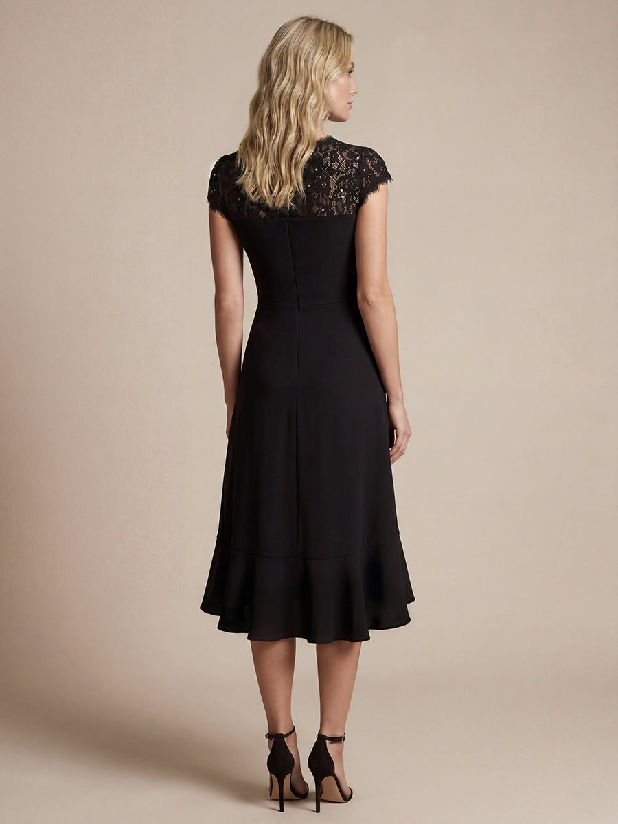 Midi Tea L?nge Meerjungfrau Kleid ¨¹berkreuzter Ausschnitt Spitze Pailletten Volants #Farbe_Schwarz