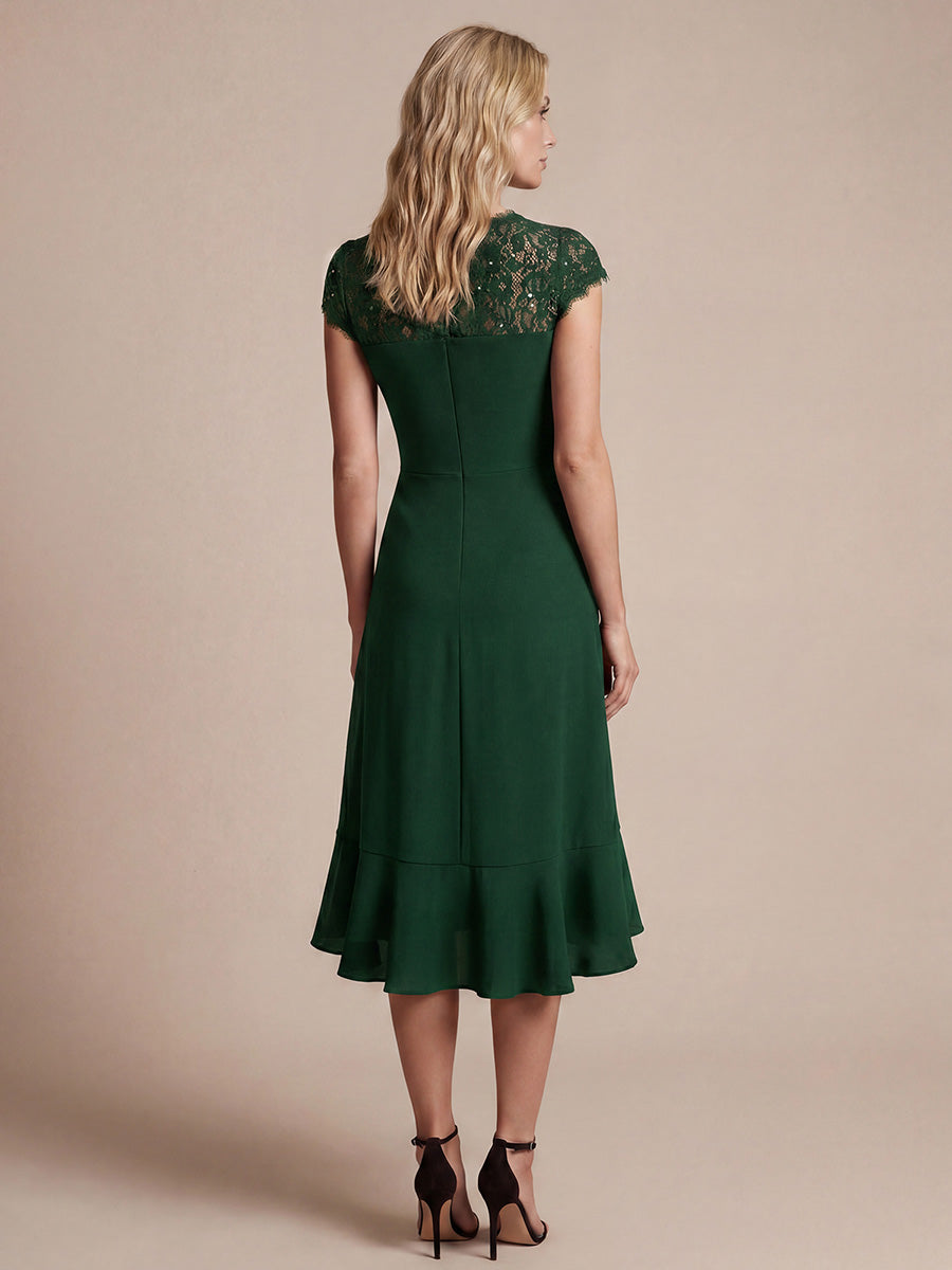 Midi Tea L?nge Meerjungfrau Kleid ¨¹berkreuzter Ausschnitt Spitze Pailletten Volants #Farbe_Dunkelgrün