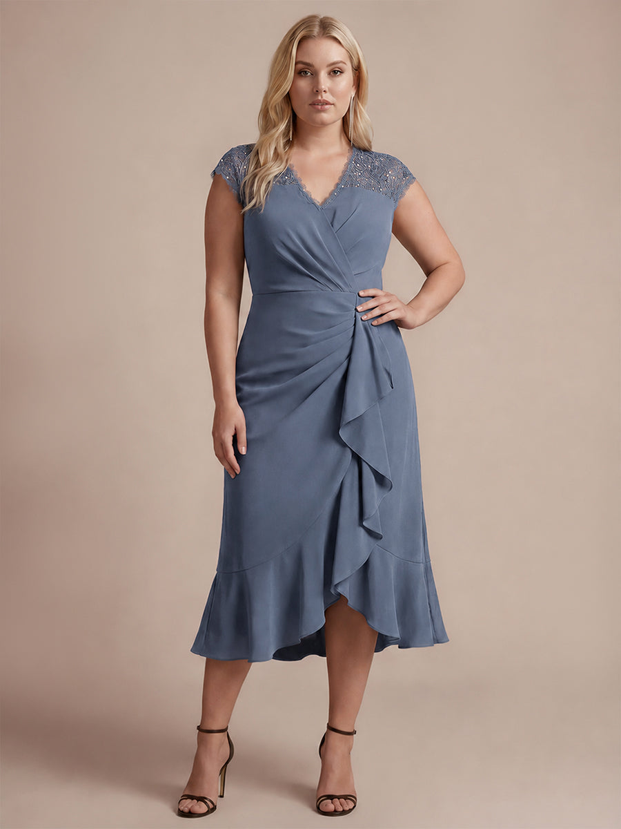 Midi Tea L?nge Meerjungfrau Kleid ¨¹berkreuzter Ausschnitt Spitze Pailletten Volants #Farbe_Taubenblau