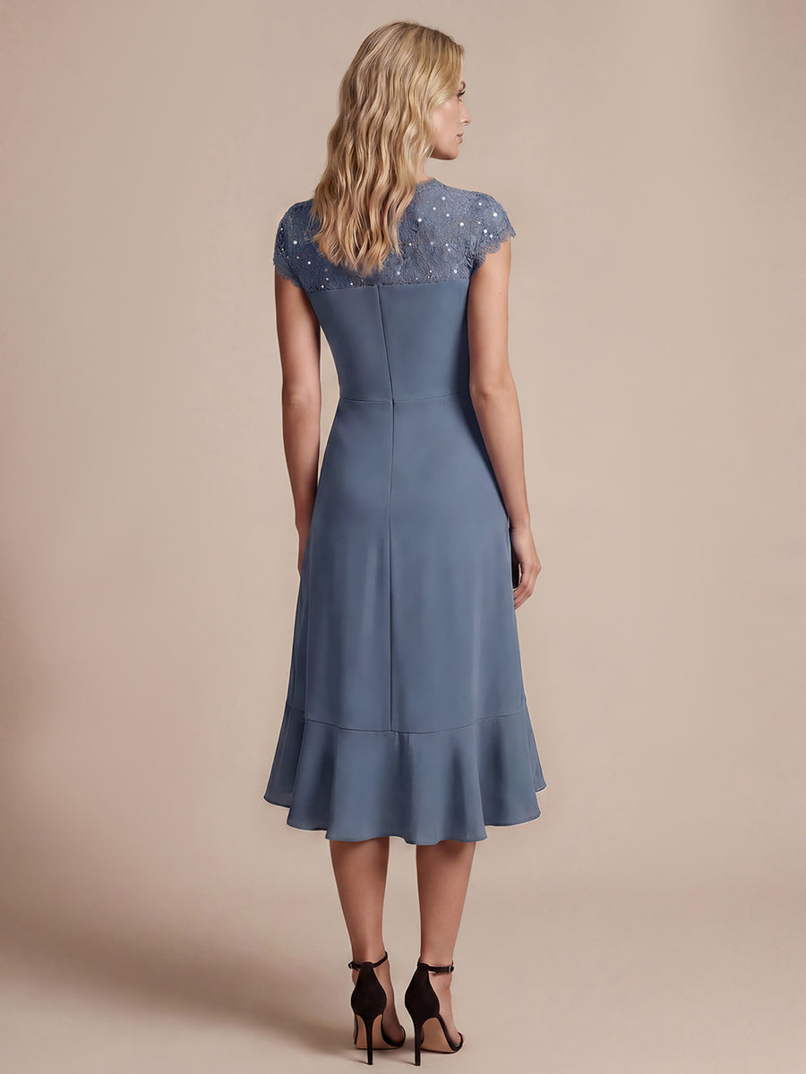Midi Tea L?nge Meerjungfrau Kleid ¨¹berkreuzter Ausschnitt Spitze Pailletten Volants #Farbe_Taubenblau